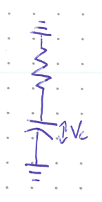 Figure: A circuit with a resistor  connected to a capacitor  to ground, with the voltage across the capacitor labeled  (no source — the capacitor discharges through the resistor).