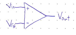 Figure: A comparator drawn as a triangle.  connects to the "+" input,  connects to the "−" input, and the output is labeled .