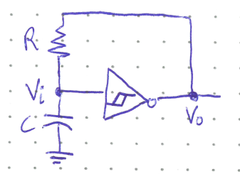 Figure: A circuit where a Schmitt Inverter (triangle with hysteresis symbol and output bubble) has input  and output . A resistor  feeds back from the output  to the input node , and a capacitor  connects the  node to ground.